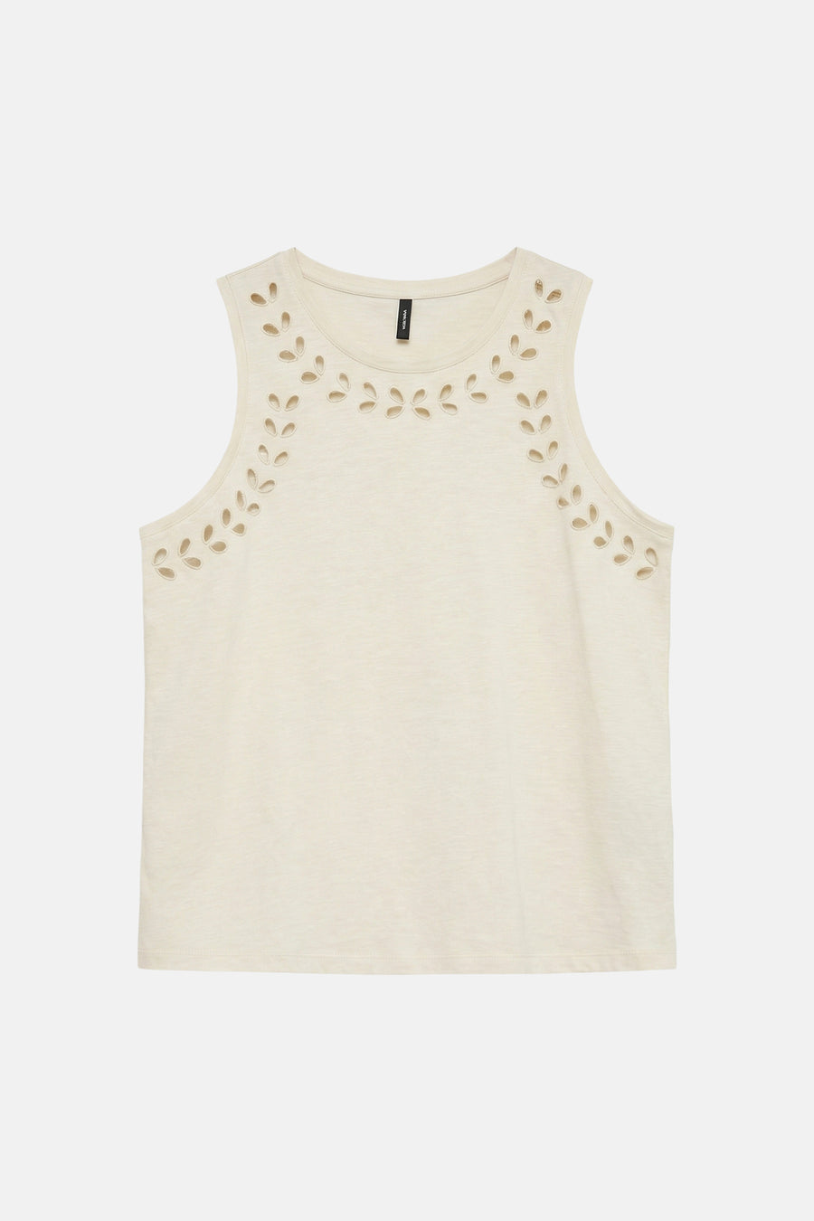 Ecru mouwloze top van VERO MODA met decoratieve uitsnijdingen in bladmotief rond de halslijn en schouders.