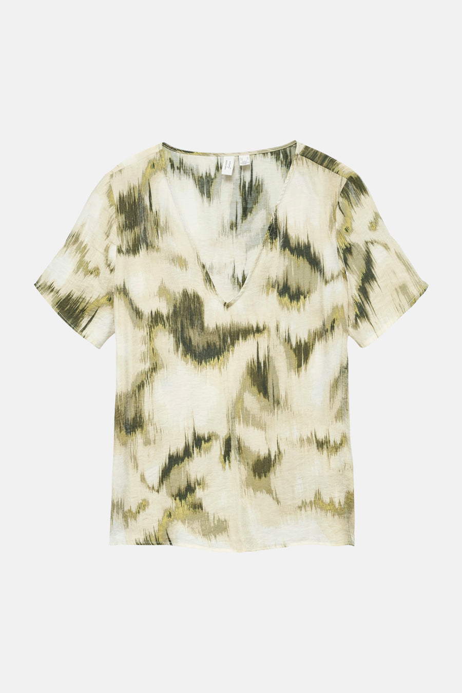 Korte mouwen blouse van VERO MODA met abstracte print in groen, beige en crème, en V-hals.