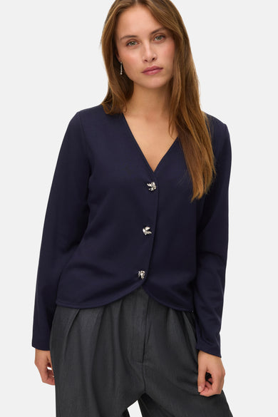 Blauw gilet van VERO MODA, met lange mouwen en decoratieve zilverkleurige knopen.