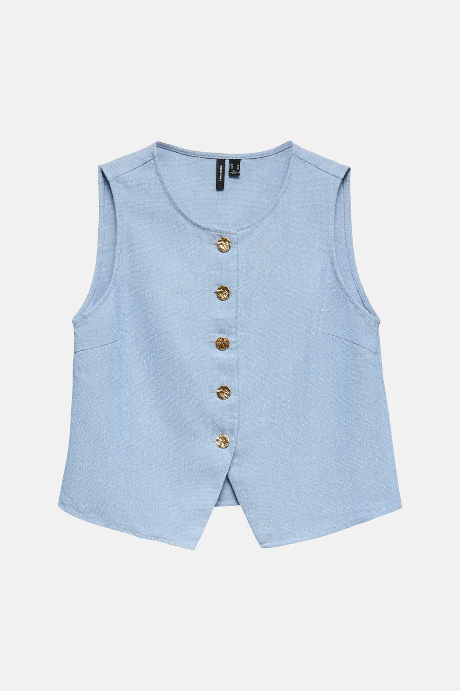 Gilet bleu de VERO MODA® avec motif à chevrons, col rond et boutons texturés dorés.