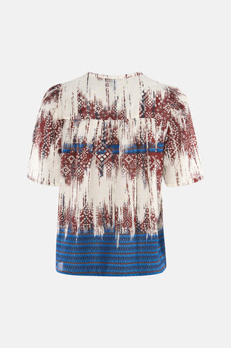 Multicolor blouse met korte mouwen van VERO MODA, achterkant, met abstracte print in wit, roodbruin en blauw.