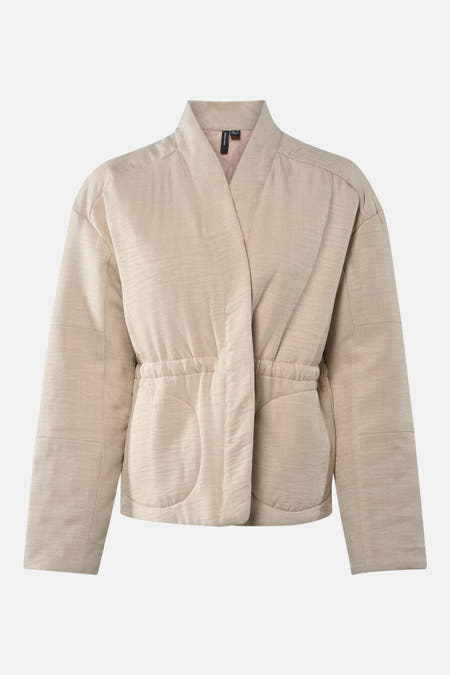 Beige korte jas van VERO MODA, met een kimono-achtige kraag en trekkoord in de taille.