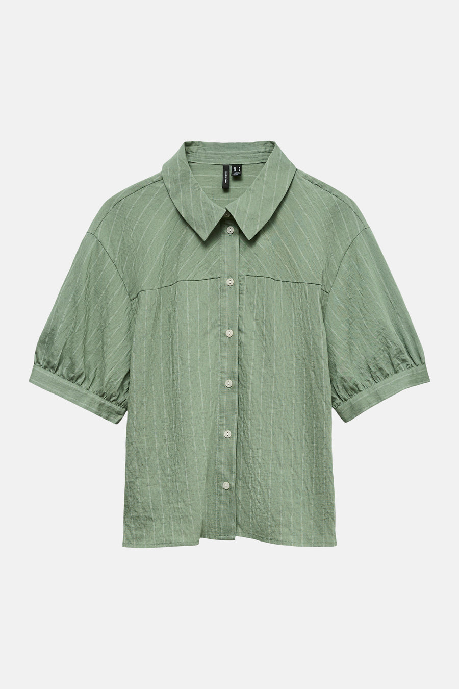 Groene blouse met korte mouwen van VERO MODA, met witte verticale strepen, klassieke kraag en gepofte mouwen.