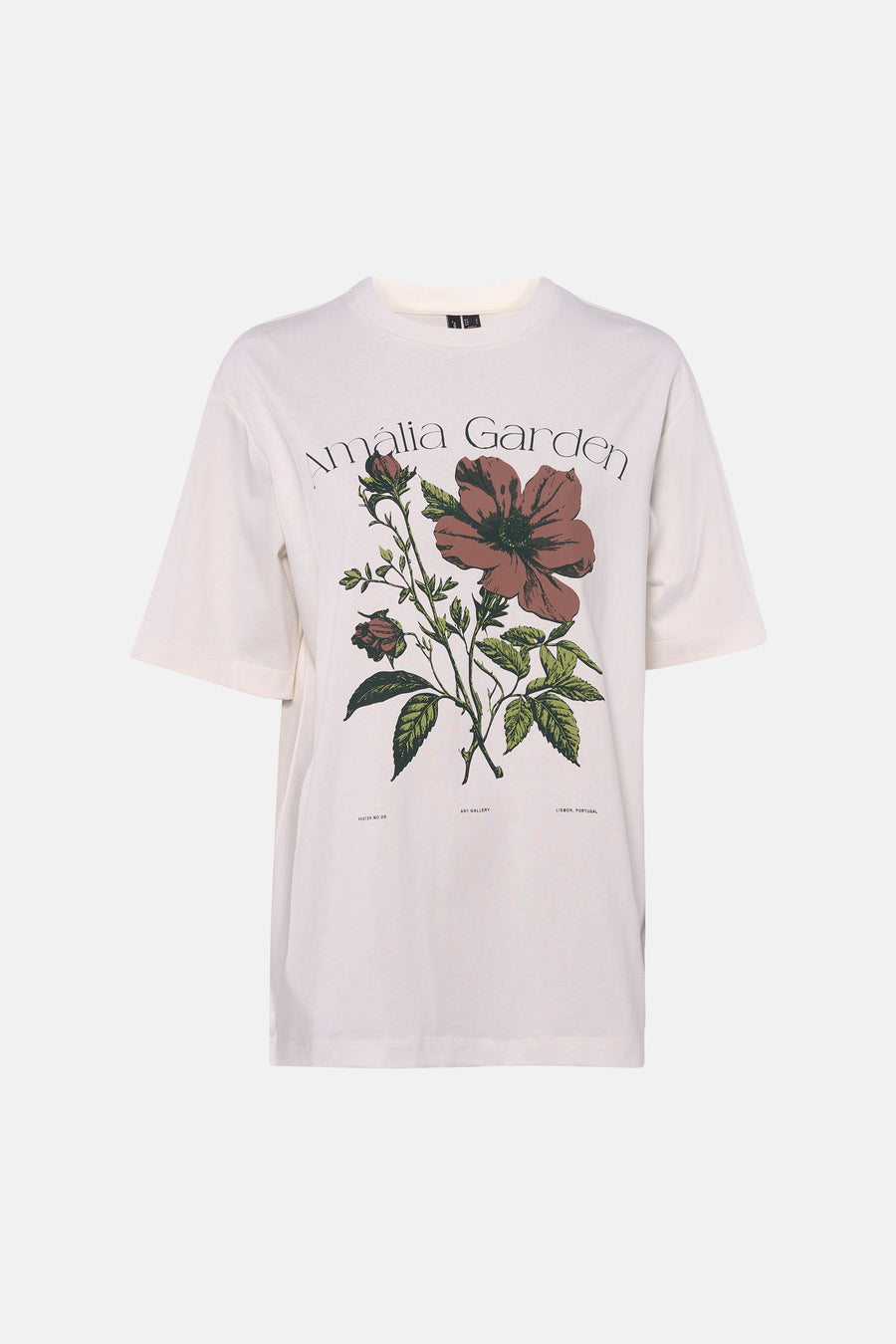 Wit T-shirt met korte mouwen van VERO MODA® met bloemenprint en tekst "Amália Garden".