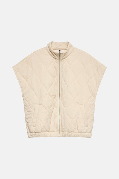 Ecru bodywarmer van VERO MODA, met ruitpatroon en een zilverkleurige ritssluiting.
