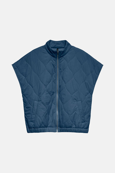 Blauwe bodywarmer van VERO MODA, met een ruitpatroon en ritssluiting.
