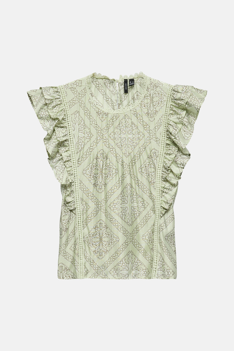 Groene blouse met korte mouwen van VERO MODA met ruitvormig patroon, ruches aan de mouwen en kanten biesjes.