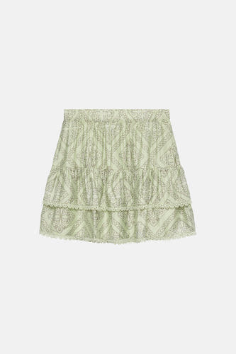 Korte groene gelaagde rok van VERO MODA met een diamantpatroon van stippenprints en kanten randen.