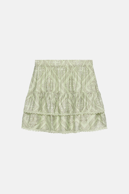 Jupe vert clair de VERO MODA® avec motif à pois marron de formes géométriques et cachemire, et un ourlet plissé.