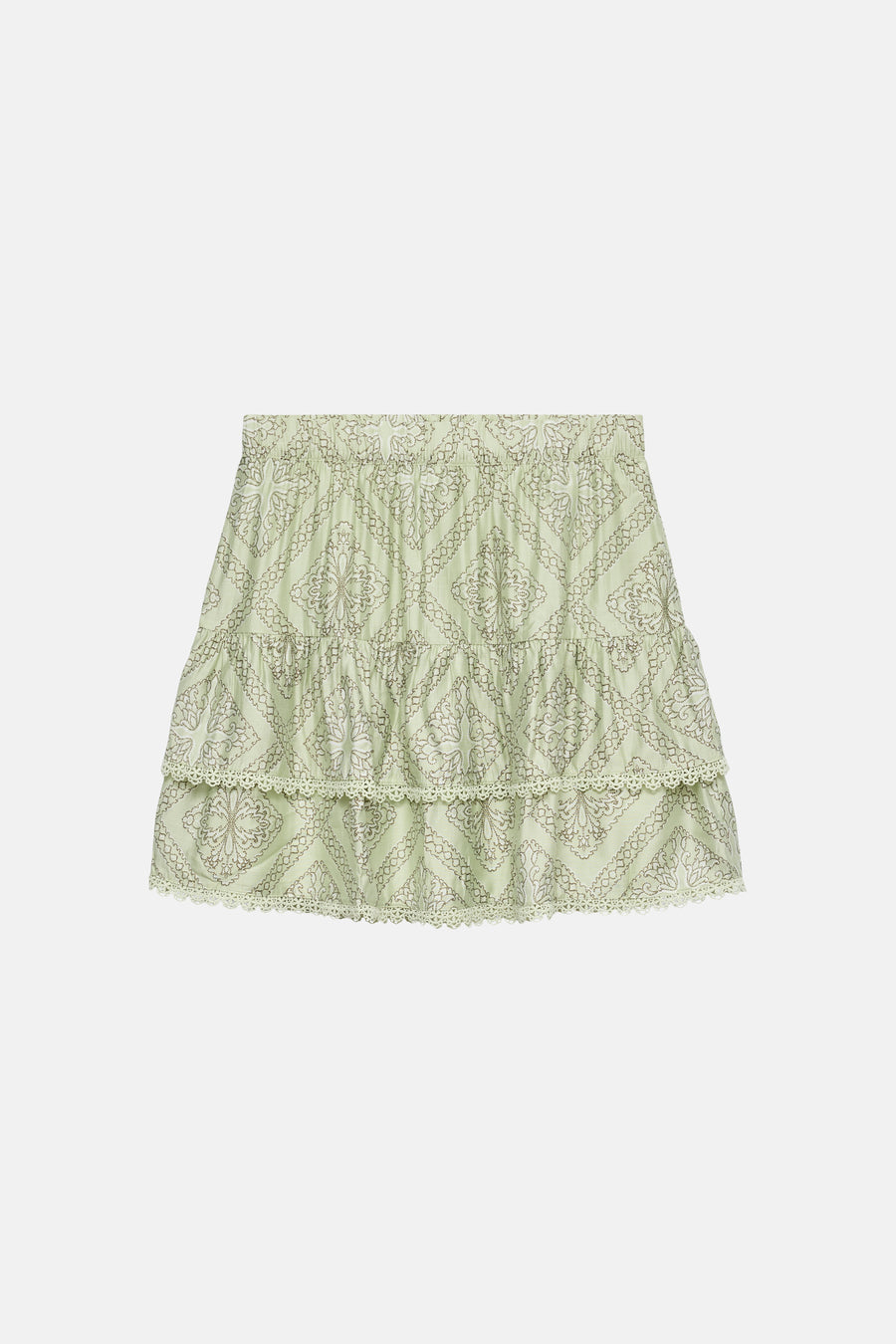 Korte groene gelaagde rok van VERO MODA met een diamantpatroon van stippenprints en kanten randen.