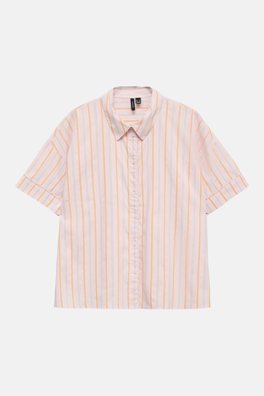 Roze gestreepte blouse met korte mouwen van VERO MODA®, voorzien van knoopsluiting en opgerolde mouwen, front view