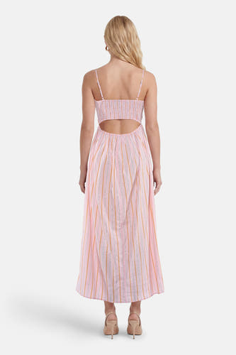 Roze mouwloos kleedje met verticale strepen van VERO MODA®, rugzicht met open rug en dunne bandjes, lichte stof, lange zoom