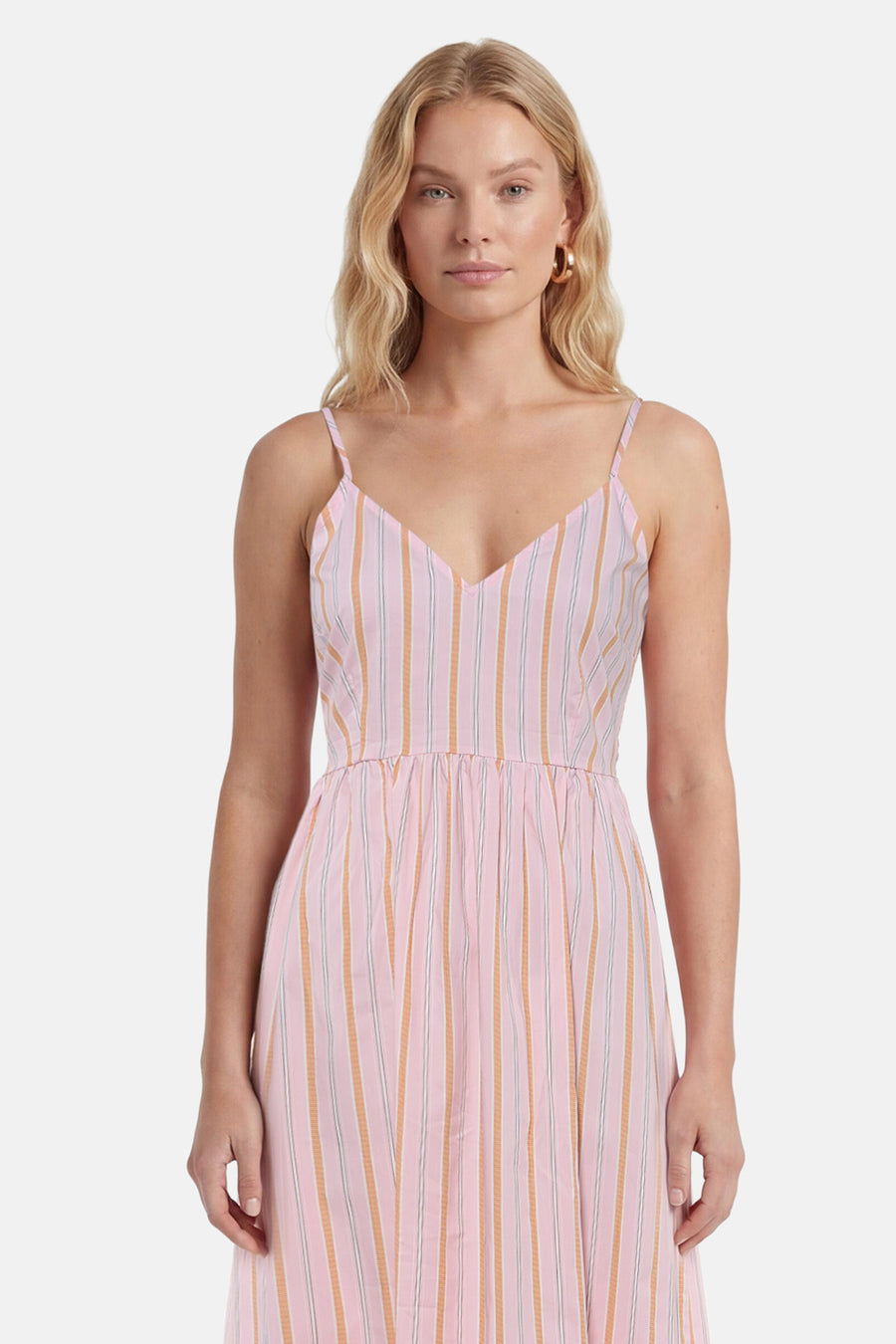 Roze gestreept mouwloos kleedje van VERO MODA® met V-hals en dunne bandjes, front view