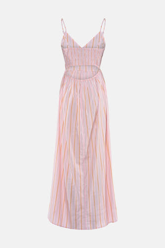 Roze mouwloos kleedje met verticale strepen van VERO MODA®, smalle bandjes, ruched taille en A-lijn rok, front view