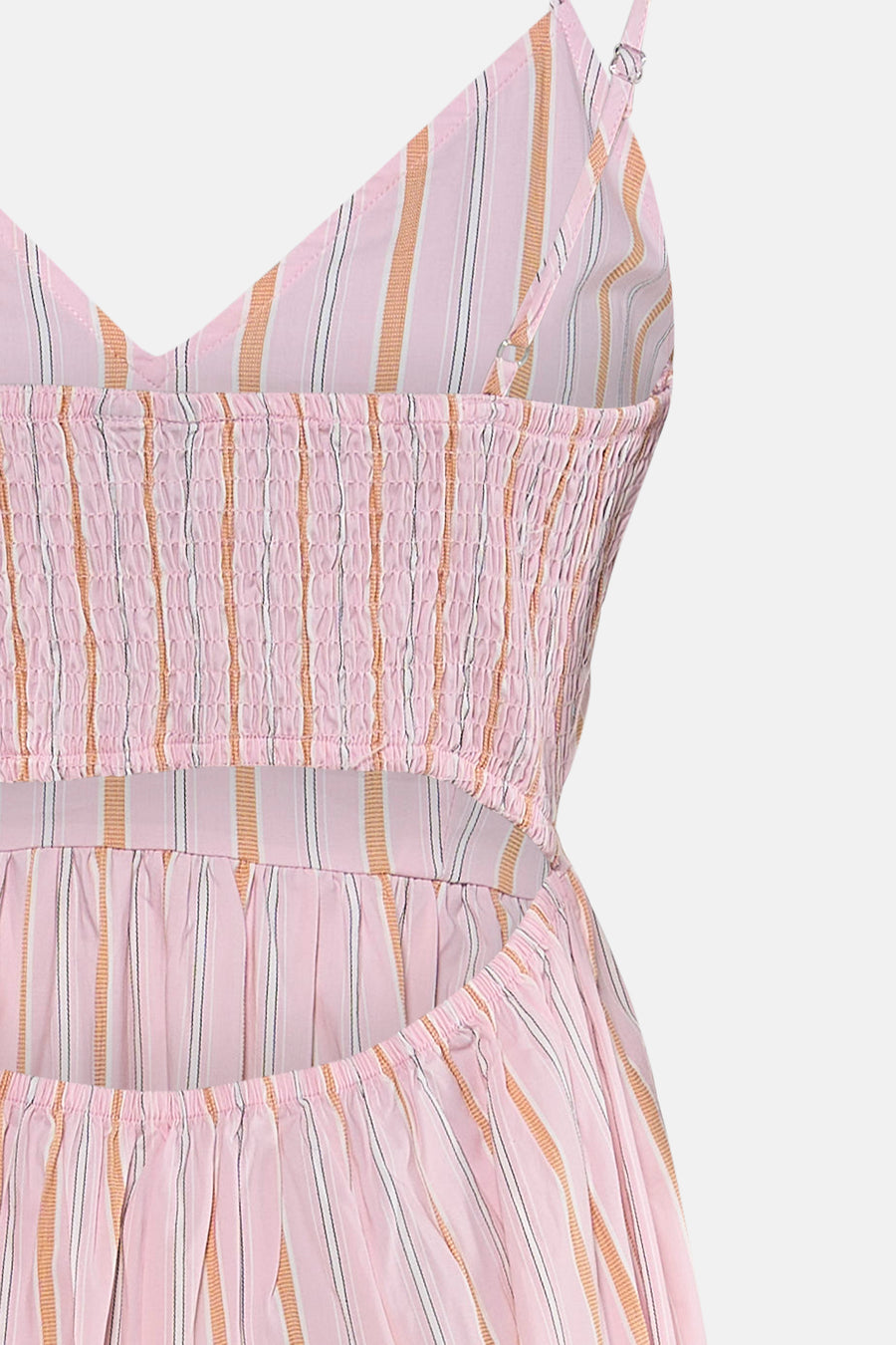 Roze gestreept mouwloos kleedje van VERO MODA® met ruches en schouderbandjes, close-up detail