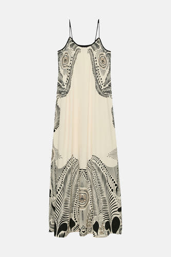 Robe sans manches écru de VERO MODA® avec un motif abstrait noir de fleurs et de feuilles.
