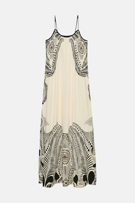 Robe sans manches écru de VERO MODA® avec un motif abstrait noir de fleurs et de feuilles.