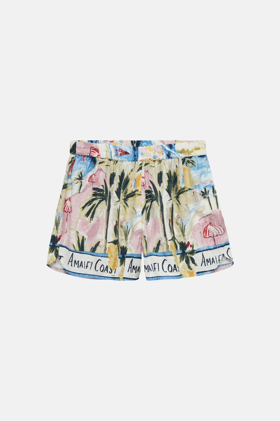 Multicolor formele korte broek van VERO MODA met strandprint van palmboomen en 'Amalfi Coast' tekst.