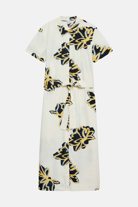 Robe multicolore à manches courtes de VERO MODA, de couleur crème avec un imprimé floral abstrait en noir, jaune et bleu clair, fermeture à boutons et ceinture à nouer.