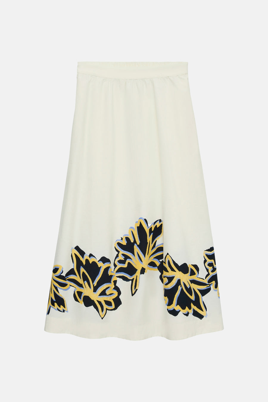 Jupe évasée écru de VERO MODA® avec taille élastique et motif floral noir, jaune et bleu clair le long de l'ourlet.