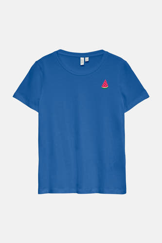 T-shirt bleu à manches courtes de VERO MODA®, orné d'un motif pastèque sur la poitrine.