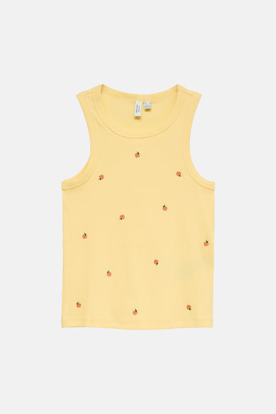 Gele ribgebreide top van VERO MODA® met een geborduurd perzikpatroon.