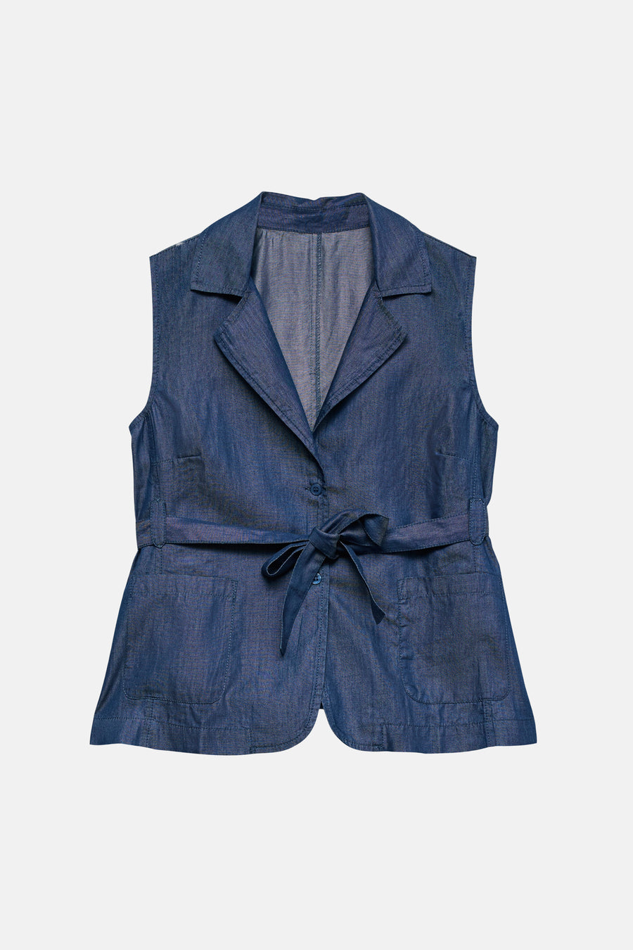 Gilet en jean bleu foncé de VERO MODA®, avec col et ceinture à l'arrière.