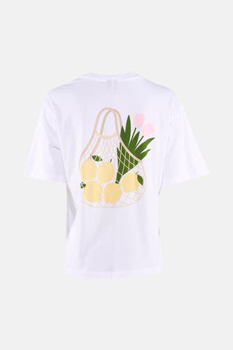 Witte korte mouwen T-shirt van VERO MODA® met achterkant print van netzak met citroenen en roze tulpen, platte weergave