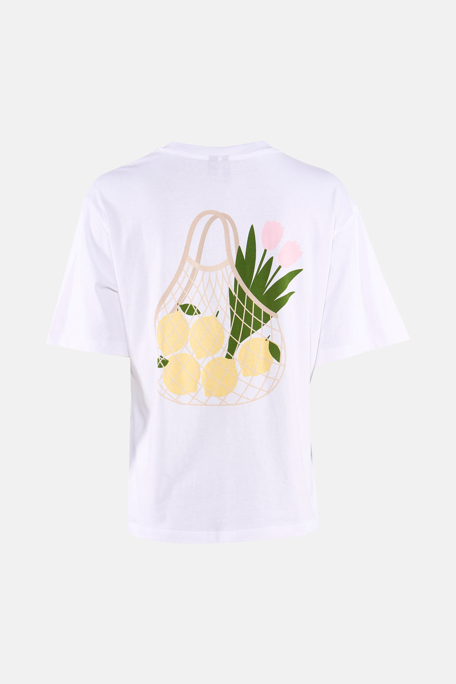 Witte korte mouwen T-shirt van VERO MODA® met achterkant print van netzak met citroenen en roze tulpen, platte weergave
