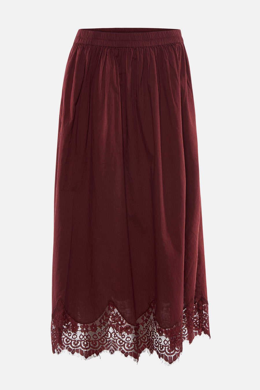 Jupe bordeaux de VERO MODA avec taille élastique et ourlet en dentelle.