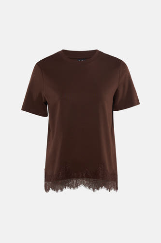 Bruin T-shirt van VERO MODA® met korte mouwen en kanten rand aan de onderkant.