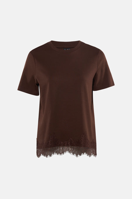 T-shirt marron à manches courtes de VERO MODA® avec bordure en dentelle sur le bas.