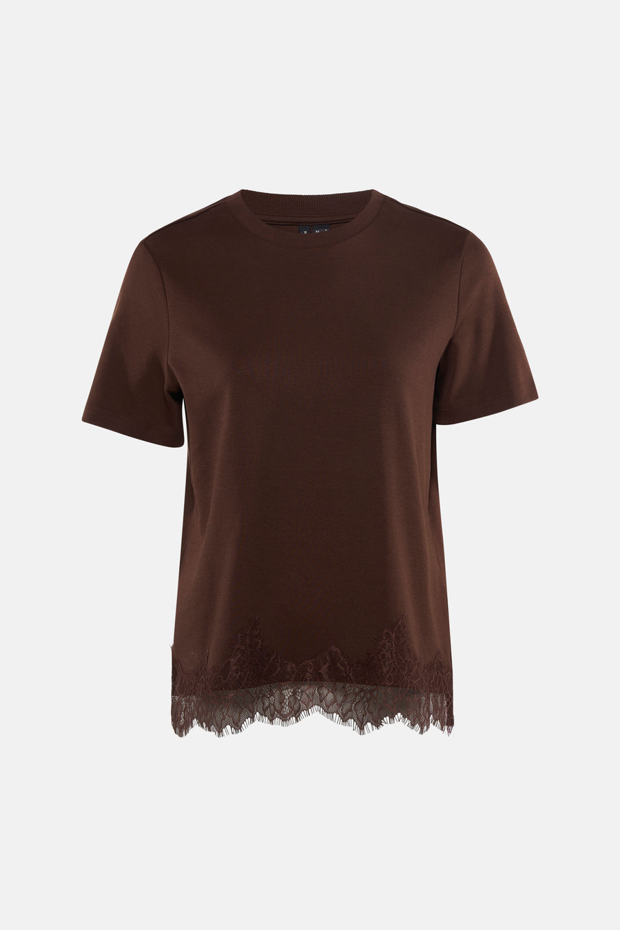 Bruin T-shirt van VERO MODA® met korte mouwen en kanten rand aan de onderkant.