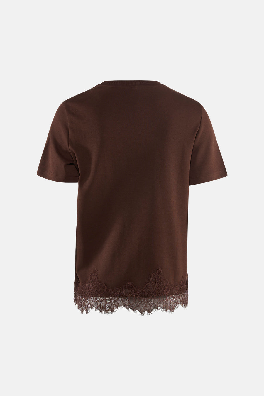 Bruin T-shirt van VERO MODA® met korte mouwen en kanten boord aan de onderkant, achterkant.