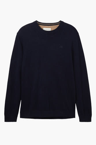 Blauwe trui met ronde hals van TOM TAILOR, met een subtiel logo op de borst.