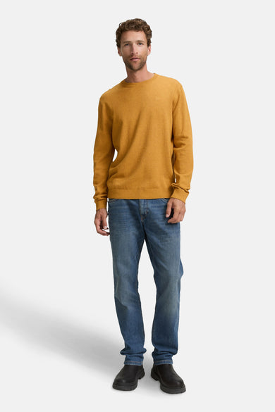 Sweat-shirt TOM TAILOR avec col rond, porté avec des jeans bleus et des chaussures noires.