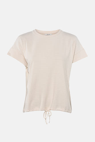 Beige korte mouwen T-shirt van OPUS met geribde textuur en strikdetail aan de zoom, front view