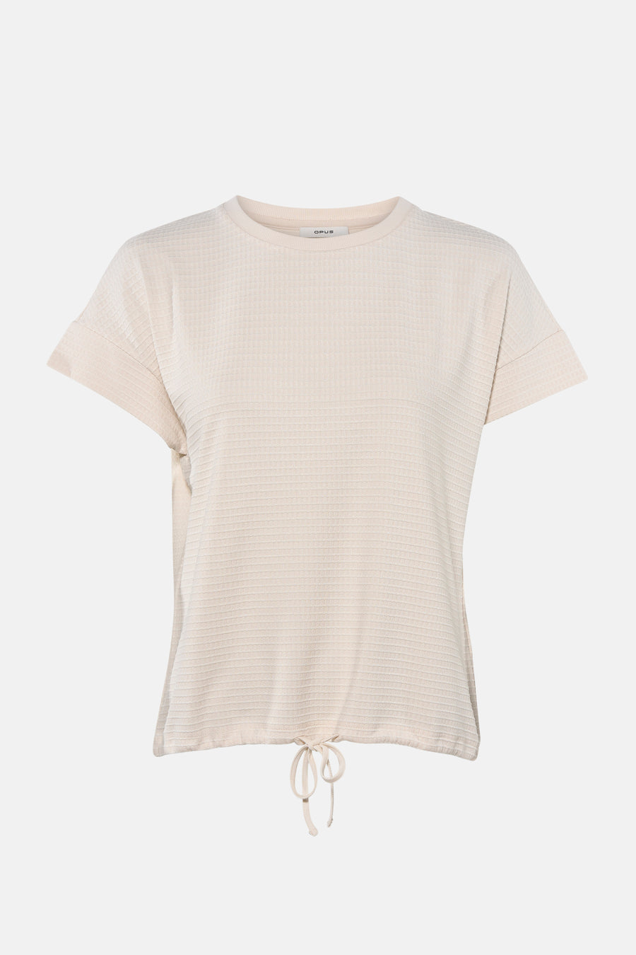 Beige korte mouwen T-shirt van OPUS met geribde textuur en strikdetail aan de zoom, front view
