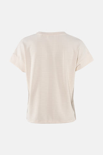Beige korte mouwen t-shirt van OPUS, rugzijde, met fijne geribde textuur en ronde hals.