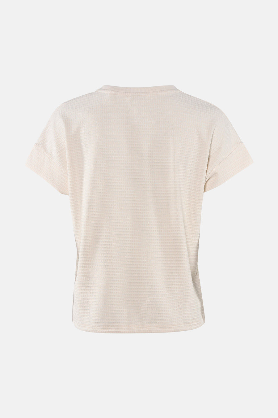 Beige korte mouwen t-shirt van OPUS, rugzijde, met fijne geribde textuur en ronde hals.