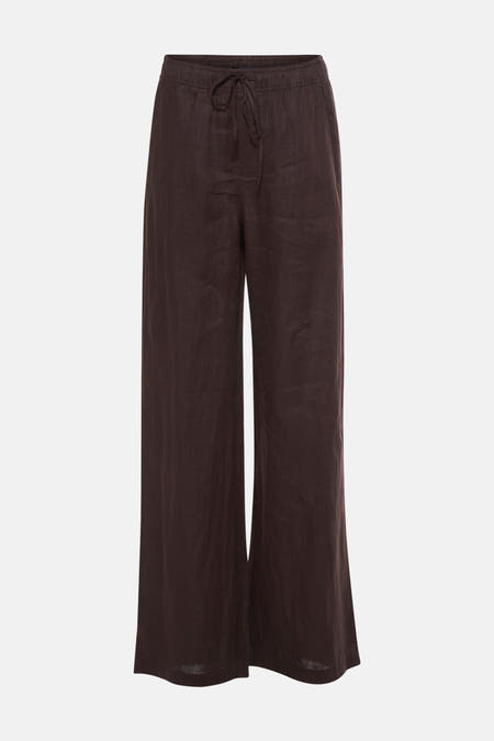 Bruine broek van OPUS met wijde pijpen en een striksluiting in de taille.