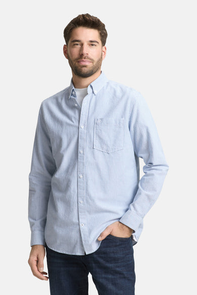 Blauw gestreept overhemd met lange mouwen van TOM TAILOR, met een borstzak en knoopsluiting.