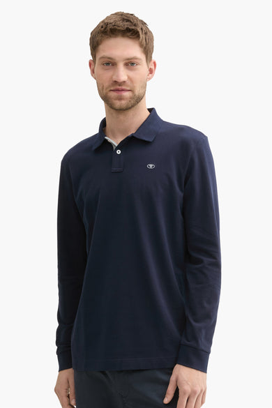 Polo bleu à longues manches de TOM TAILOR, couleur unie et col classique.