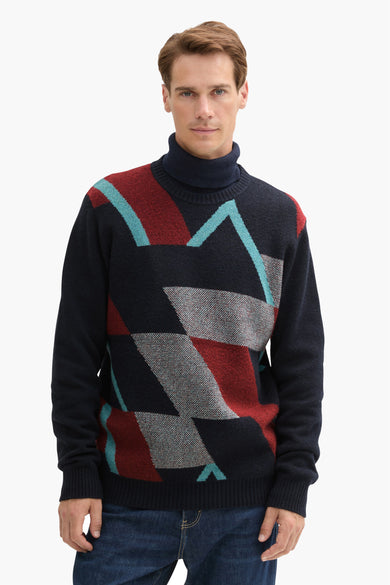 T-shirt bleu avec col rond de TOM TAILOR, vu par derrière, avec une texture finement tricotée.