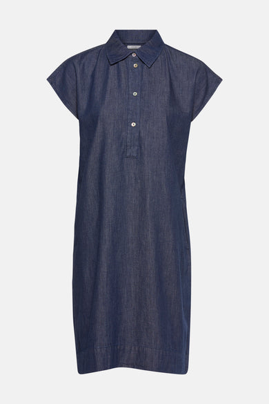 Donkerblauwe denim jurk met korte mouwen van OPUS, met een kraag en knoopsluiting.