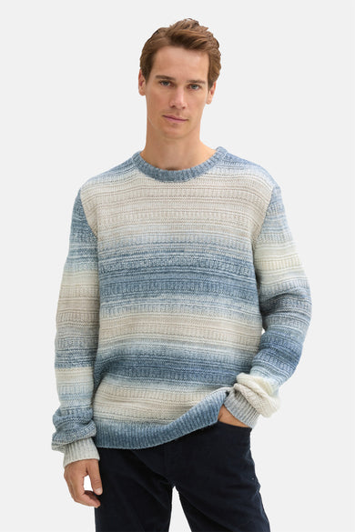 T-shirt bleu avec col rond de TOM TAILOR, doté d'un design rayé dans différentes teintes de bleu et de gris.