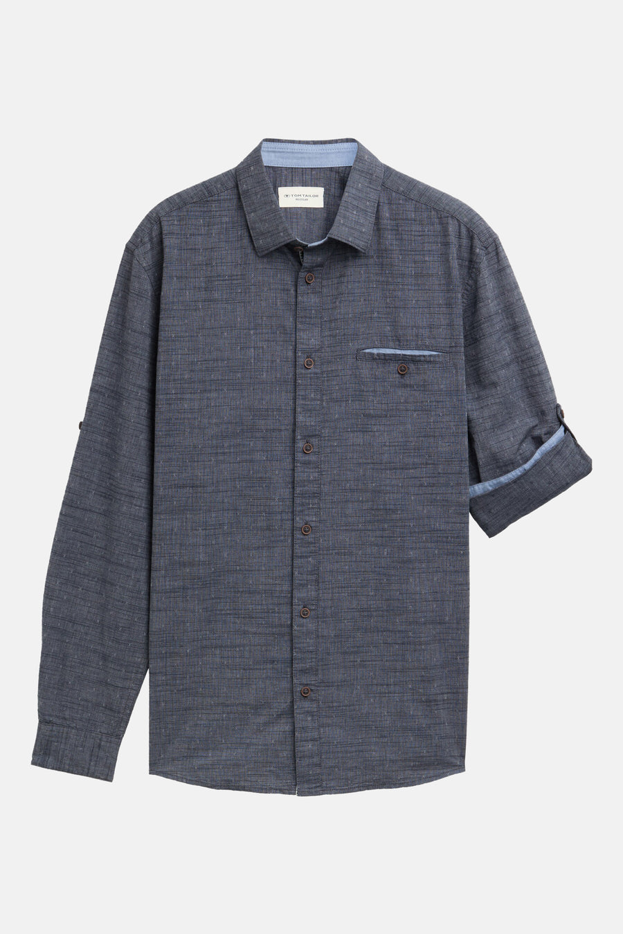 Blauw hemd met lange mouwen van TOM TAILOR, met subtiel weefpatroon, oprolbare mouwen en borstzak.