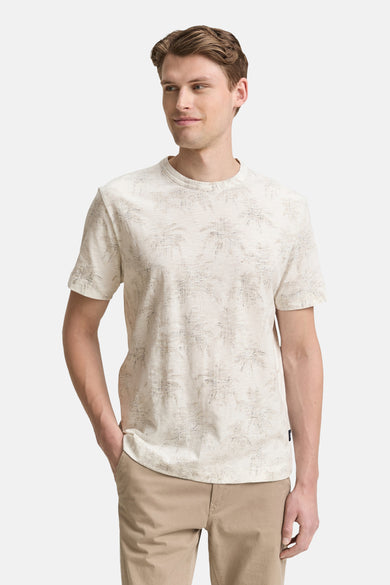 T-shirt écru à manches courtes de TOM TAILOR, avec une subtile impression de palmiers et une fine texture, vu de derrière.