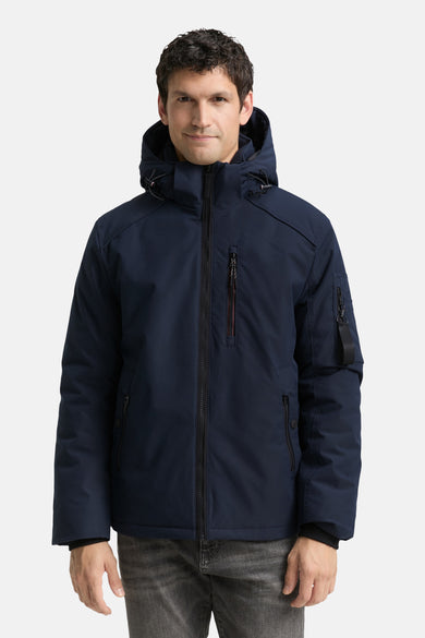 Manteau court bleu de TOM TAILOR, avec capuchon et plusieurs poches.