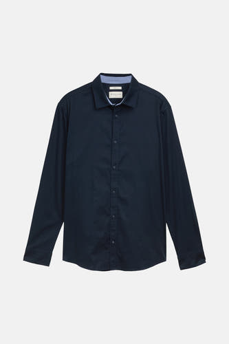 Donkerblauw overhemd met lange mouwen van TOM TAILOR fitted, met knoopsluiting en een lichte kraagvoering.
